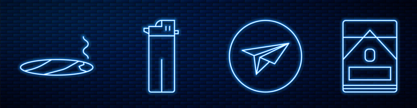 Set line Messenger, Cigar with smoke, Lighter and Cigarettes pack box. Glowing neon icon on brick wall. Vector