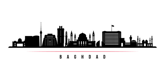 Naklejka premium Baghdad skyline horizontal banner. Black and white silhouette of Baghdad, Iraq. Vector template for your design.