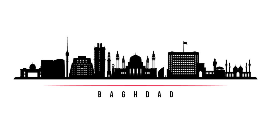 Baghdad skyline horizontal banner. Black and white silhouette of Baghdad, Iraq. Vector template for your design.