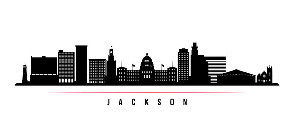 Jackson skyline horizontal banner. Black and white silhouette of Jackson, Mississippi. Vector template for your design.