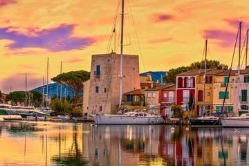 Sunset over the harbor in Port Grimaud, France