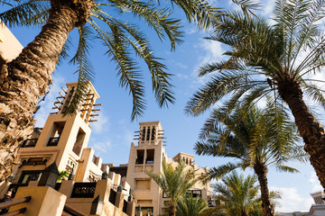 Modern Arabic-style buildings in the UAE Dubai . View of the building with palm trees from below