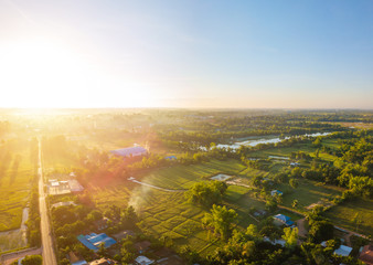 Aerial view of landscape countryside with beautiful sunrise.