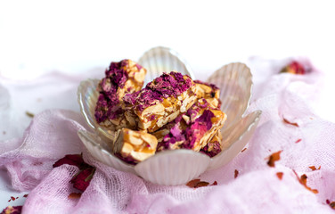 Rose candy with natural flowers and peanuts