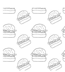 Doodle style pattern hand drawn line art burger hamburger vector meat design sketch meal graphic tasty bread fast sandwich wallpaper texture