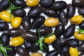Flat-lay of fresh harvested seasonal pickled Mediterranean olives
