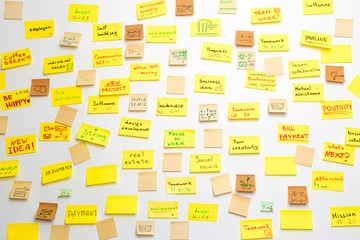 Concept for developing business strategies. Wall Post Sticky Notes. Meetings, brainstorming.