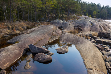 Fototapeta na wymiar On the western Swedish archipelago coast. The stones are cut by the glacier.