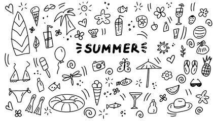 Summer doodles icon set. Hand drawn lines cartoon icons collection. Vector illustration.