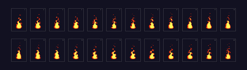 Fire animation sprites, torch, campfire, fire trap, fire pillar or something else . vector flame video frames for game design