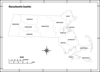 massachusetts state outline administrative and political vector map in black and white