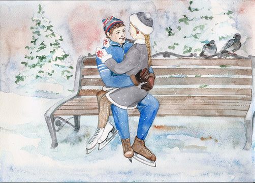 People are skating. Watercolor illustration made by hand.