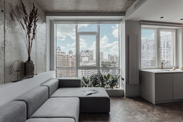 the living room with a long grey sofa near the panoramic window, the walls are decorated as a concrete surface. Minimalist decor, room plants by the window