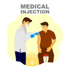 Medical doctor injecting medicine on patient arm, medical treatment on hospital illustration.
