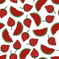 Seamless pattern with watermelon and strawberry on white background. Design element  for fabric, textile, wrapping paper.