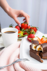 Breakfast with strawberries, coffee and curd cheese. Sweet Breakfast.
