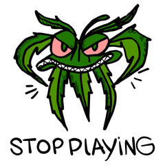 Wicked marijuana with red eyes and sharp eyes. Dark green hemp comes with a menacing look. Inflated strong narcotic herb on a white background. Illustration for stickers and print. Emotion of threat.