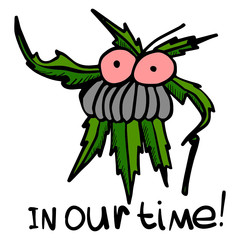 Old hemp in cartoon style. Vector image of cannabis with a stick for walking. Vintage character on the theme drug trade. Stock illustration of grandfather hemp on a white back.