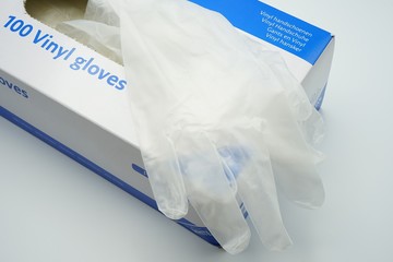A box with vinyl disposable gloves