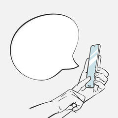 Speech bubble from smartphone in hand with finger touch screen, Hand drawn illustration isolated Vector sketch