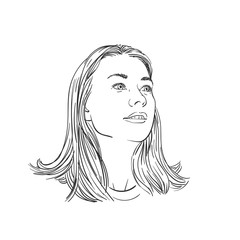 Portrait of happy woman with long hair looking sideways up, Hand drawn illustration, Vector sketch
