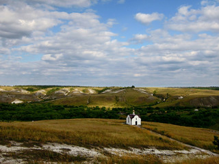 View from so called Golgotha hill on chalky hills and orthodox chapel of Crucifixion of Christ,...
