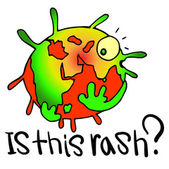 Is this  rash? Planet infected with coronavirus. COVID-19 pandemic worldwide. Vector illustration with a microorganism that scratches its back. Stock image of print, design and decoration.