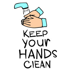 A man washes his hands under the tap in a simple vector style. Sticker with COVID-19 in vintage style on a white background. Vector illustration with hands and water. Design poster for social media.