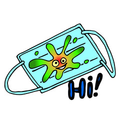 Spoiled mask in cartoon style. Designation of the need to change the mask within two hours. Vector sticker with COVID-19 in vintage style for social networks and print. Stock illustration for child.