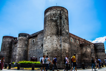 Castello di Catania, Italy, in Sicily. View of the sky among the rock of Mediterranean architecture