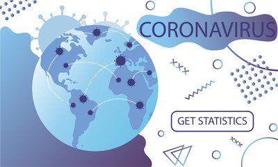 Coronavirus spread statistics, mortality and infection map with infection area and points template for news. COVID-19 spreading around planet banner for breaking news about corona. Vector illustration