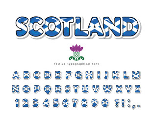 Scotland font. Scottish national flag colors. Paper cutout glossy ABC letters and numbers. Bright alphabet for tourism t-shirt, souvenir design. Vector