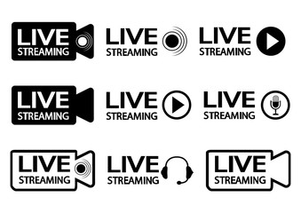 Live streaming icons. Black outline symbols and buttons of live streaming, broadcasting. Online stream buttons with headphones, microphone and video camera