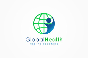 Global Health People Logo. World Globe Icon with People Symbol Combination. Usable for Business, Sport, Technology and Healthcare Medical Logos. Flat Vector Logo Design Template Elements.
