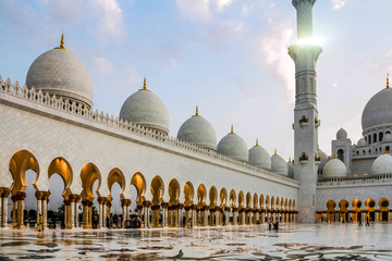 Inner courtyard of Sheikh Zayed Grand Mosque, minaret of the largest mosque in the United Arab...