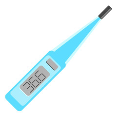 Flat modern blue thermometer on a white background. Electronic measurement of body heat. Vector stock image. Doctor's tool in search of COVID-19. 36.6 health indicator association.