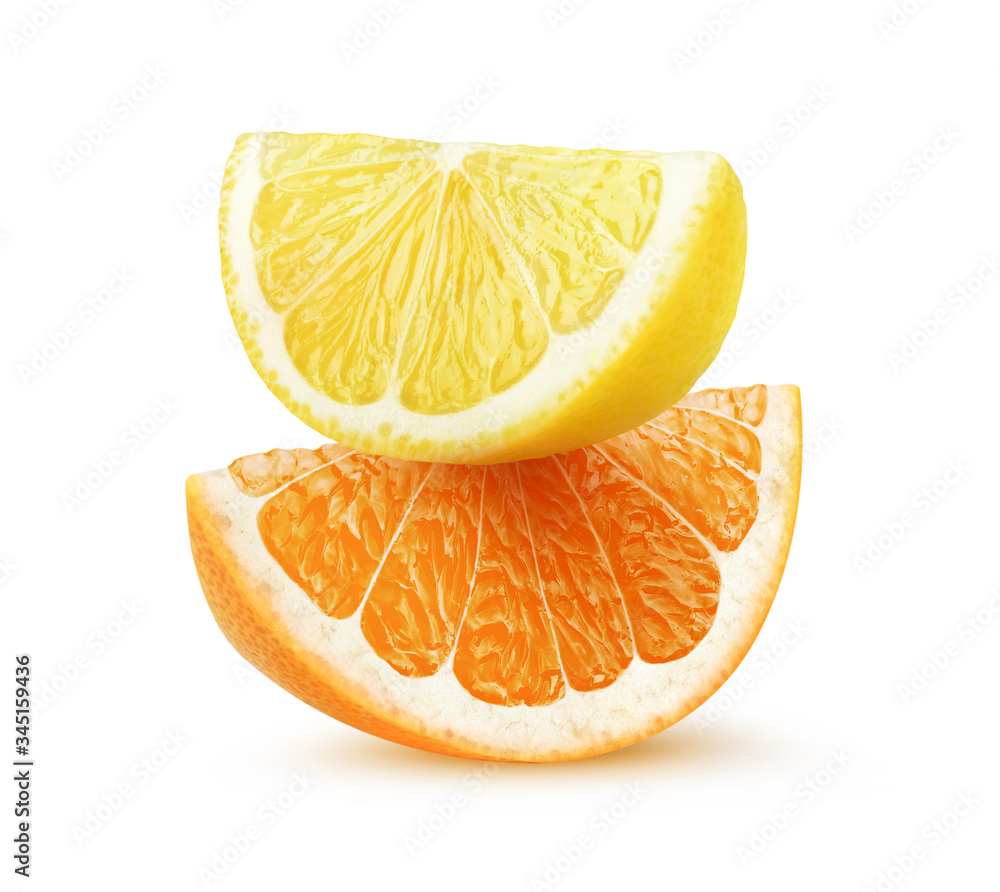 Poster isolated citrus slices. pieces of lemon and orange fruit on top of each other isolated on white back