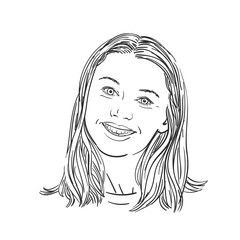 Portrait of happy smiling woman with long hair, Hand drawn illustration, Vector sketch