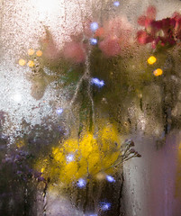 Flowers and light garlands behind the glass