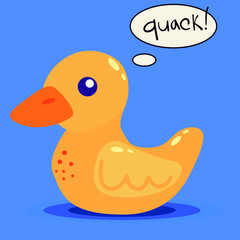 Yellow rubber duck in flat style on a blue background. Toy vector bird with a speaking bubble. Stock illustration with a quacking duck.