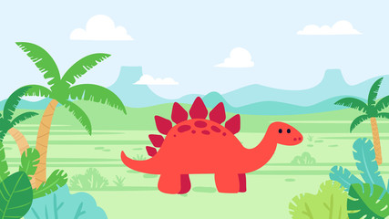 Cute stegosaurus dinosaur in prehistoric landscape © Jimena