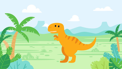 Cute tyrannosaurus rex dinosaur in prehistoric landscape