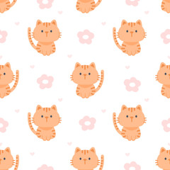 Cat and flowers seamless pattern background