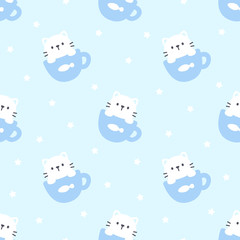 Cute cat in a cup of coffee seamless pattern background