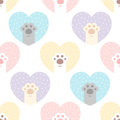 Cute cat paw footprint with heart seamless pattern background