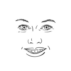 Face of happy smiling woman, Vector sketch Hand drawn illustration isolated
