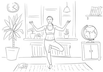 Woman doing yoga, standing on one leg in living room, Self isolation at coronavirus quarantine time, Hand drawn linear illustration Vector sketch