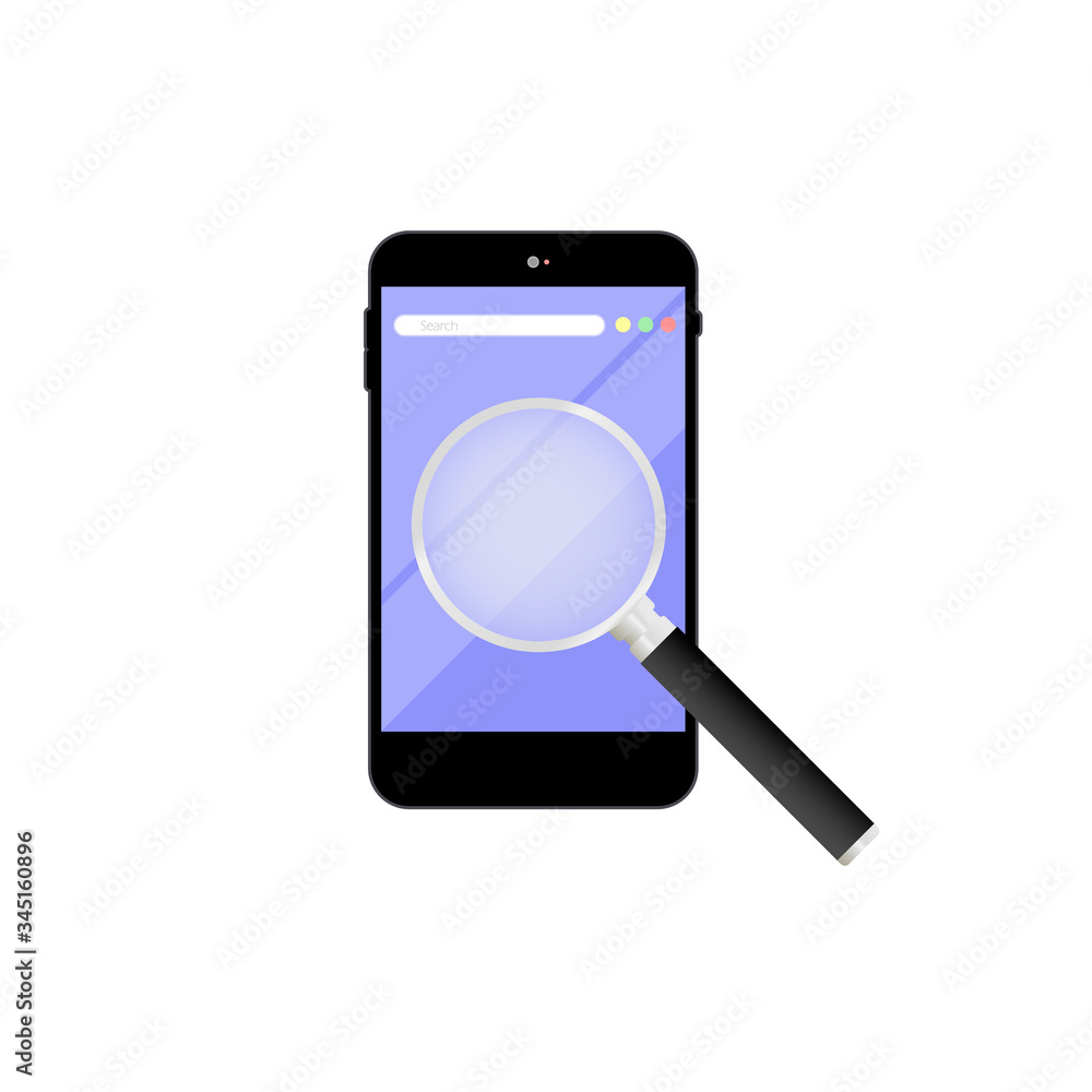 Poster smartphone search engine interface. mobile app page black design layout. web browser screen icon fla