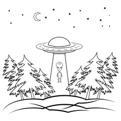 UFO. Outline flying spaceship with alien. UFO in night sky inside black forest in outline style. Flying saucer. Alien space ship, isolated on white background