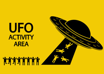 UFO activity area. Flying spaceship in black color. UFO abducts humans. Flying saucer. Alien space ship in glyph style, isolated on yellow background © Iryna